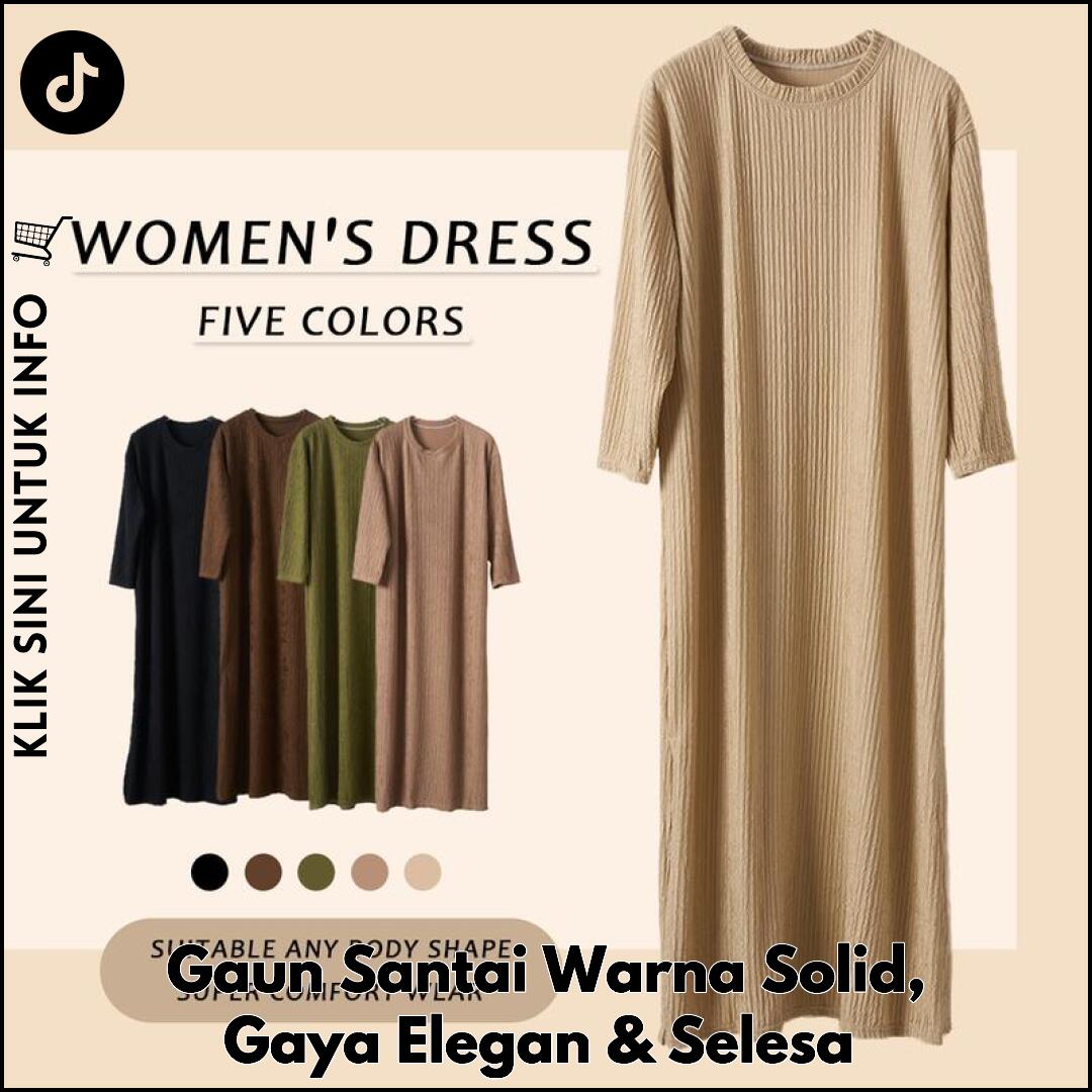 Gaun Santai Warna Solid, Gaya Elegan & Selesa