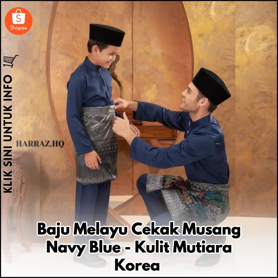 Baju Melayu Cekak Musang Navy Blue - Kulit Mutiara Korea