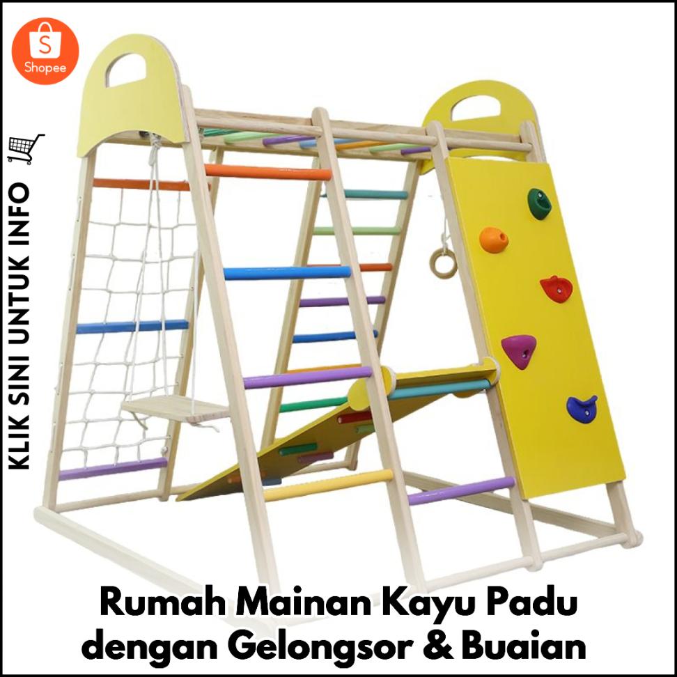 Rumah Mainan Kayu Padu dengan Gelongsor & Buaian