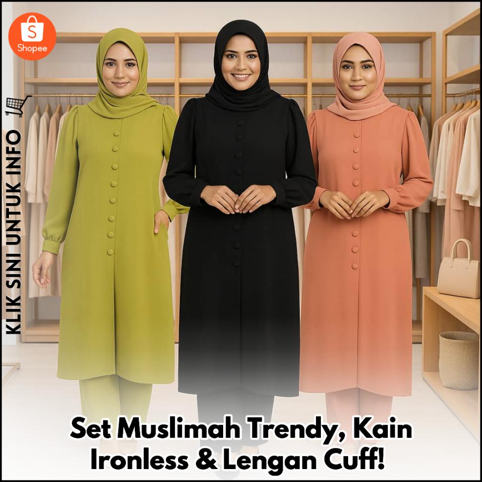 Set Muslimah Trendy, Kain Ironless & Lengan Cuff!