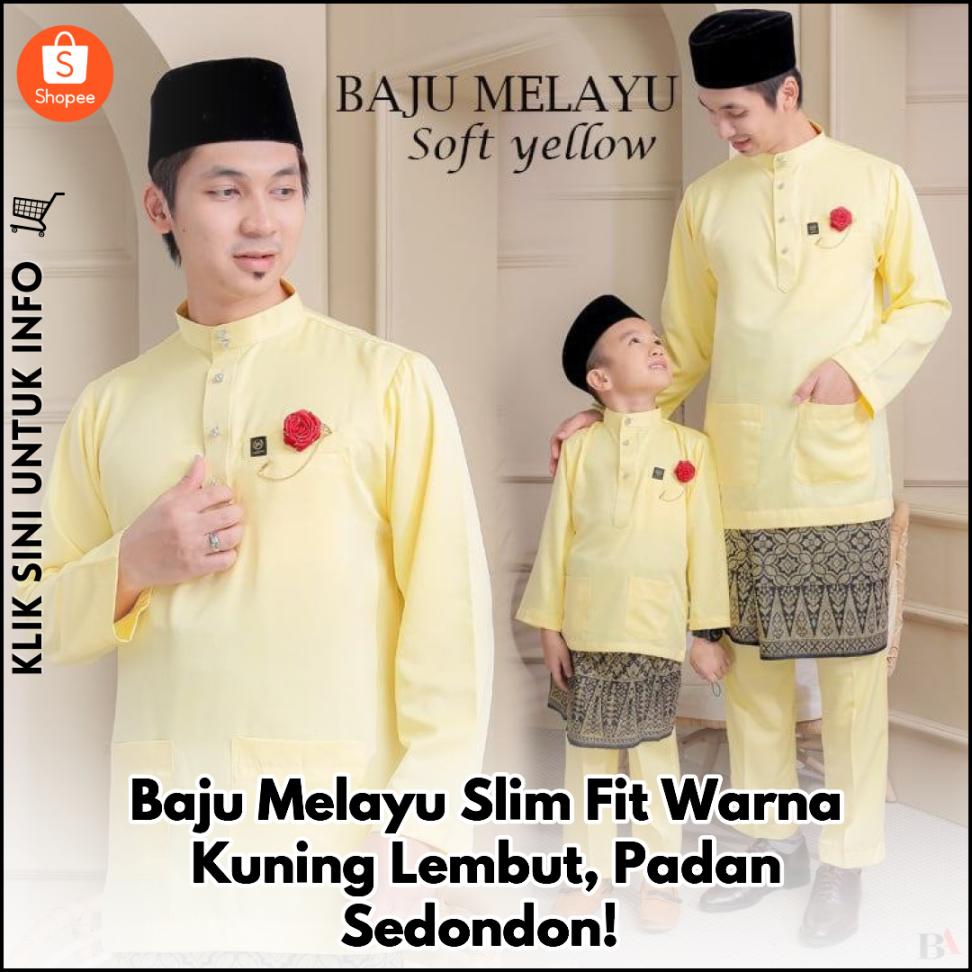 Baju Melayu Slim Fit Warna Kuning Lembut, Padan Sedondon!