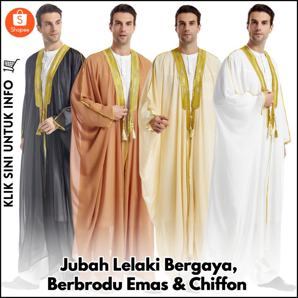 Jubah Lelaki Bergaya, Berbrodu Emas & Chiffon