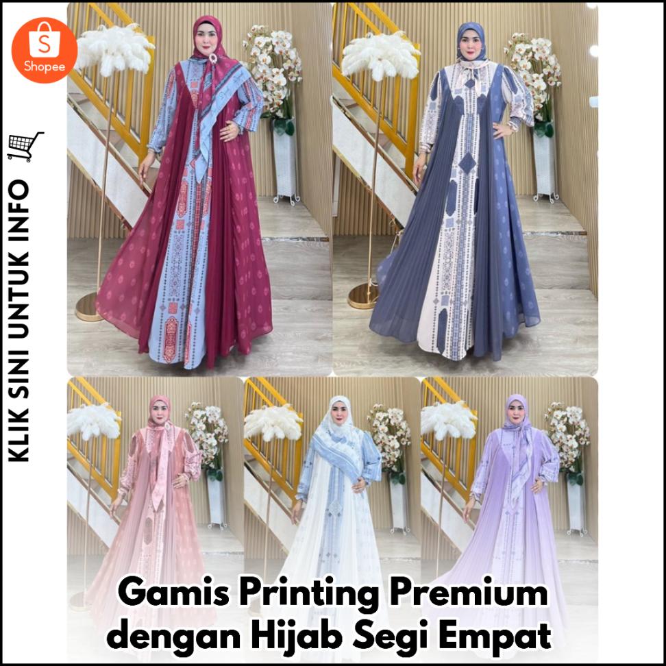 Gamis Printing Premium dengan Hijab Segi Empat