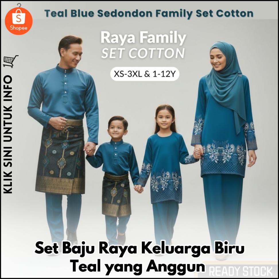 Set Baju Raya Keluarga Biru Teal yang Anggun
