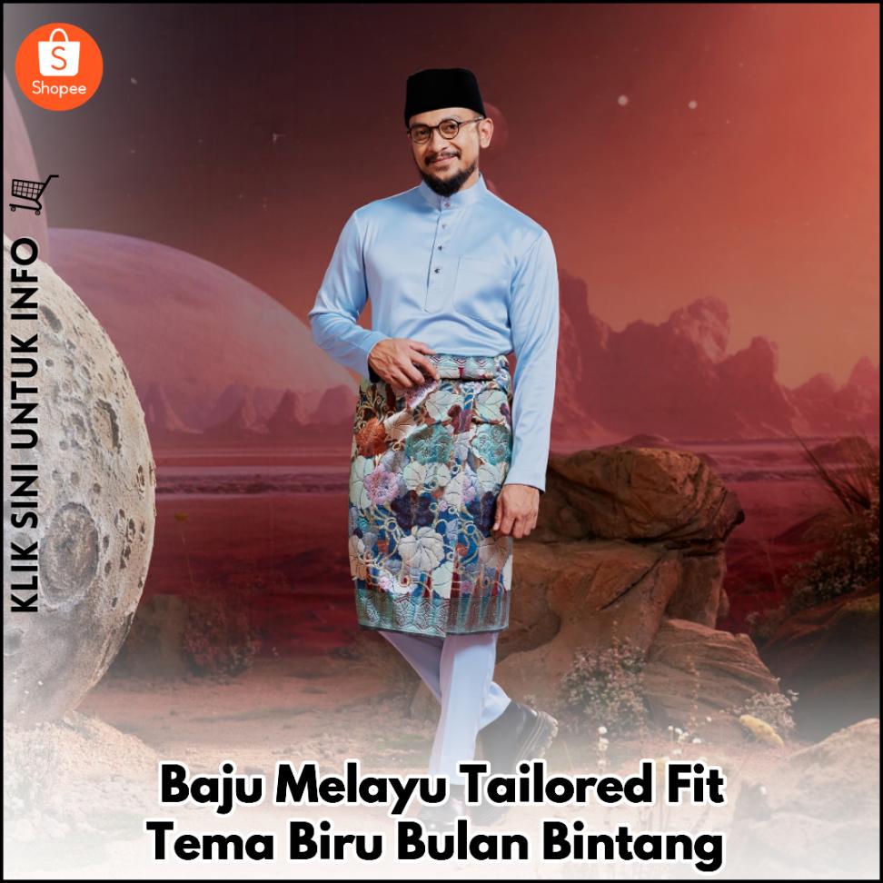 Baju Melayu Tailored Fit Tema Biru Bulan Bintang