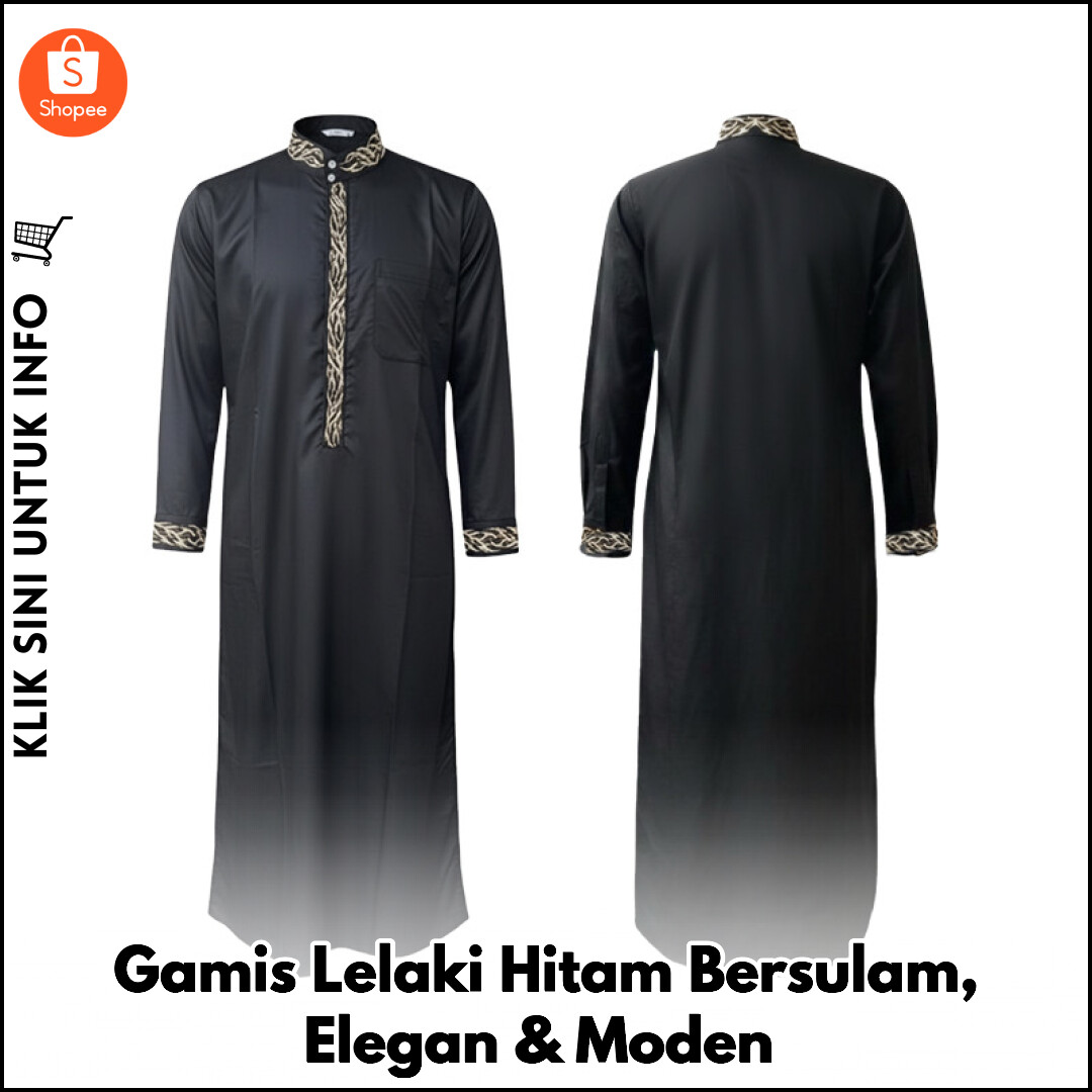 Gamis Lelaki Hitam Bersulam, Elegan & Moden