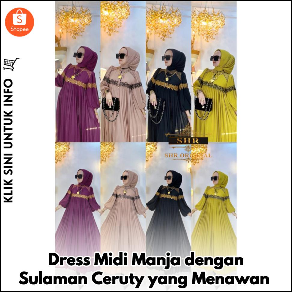 Dress Midi Manja dengan Sulaman Ceruty yang Menawan