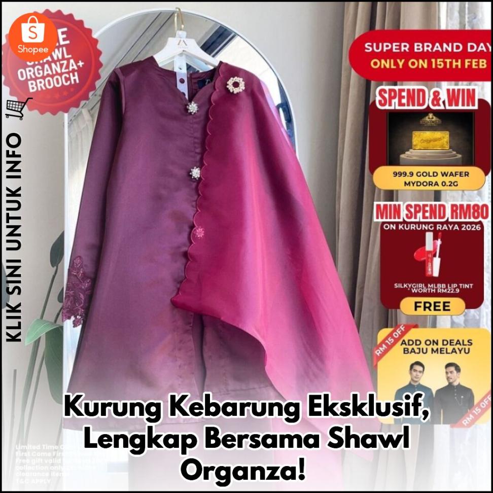Kurung Kebarung Eksklusif, Lengkap Bersama Shawl Organza!