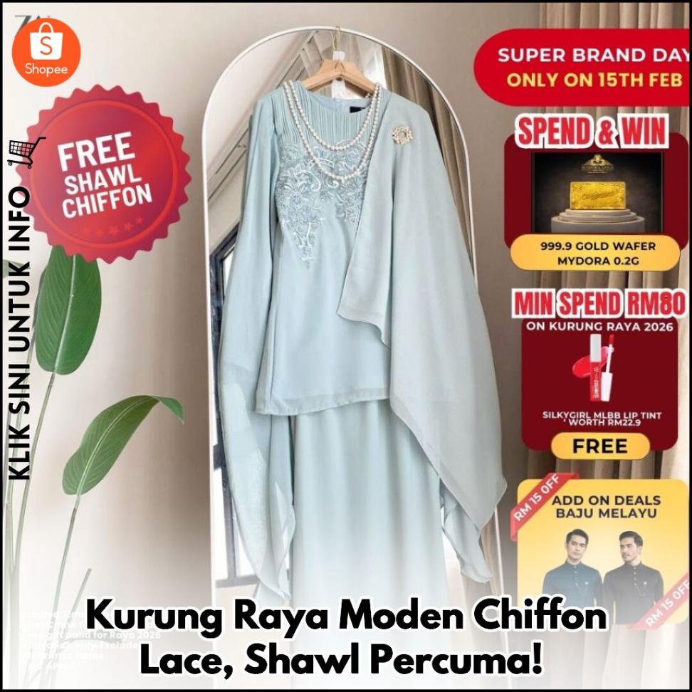 Kurung Raya Moden Chiffon Lace, Shawl Percuma!