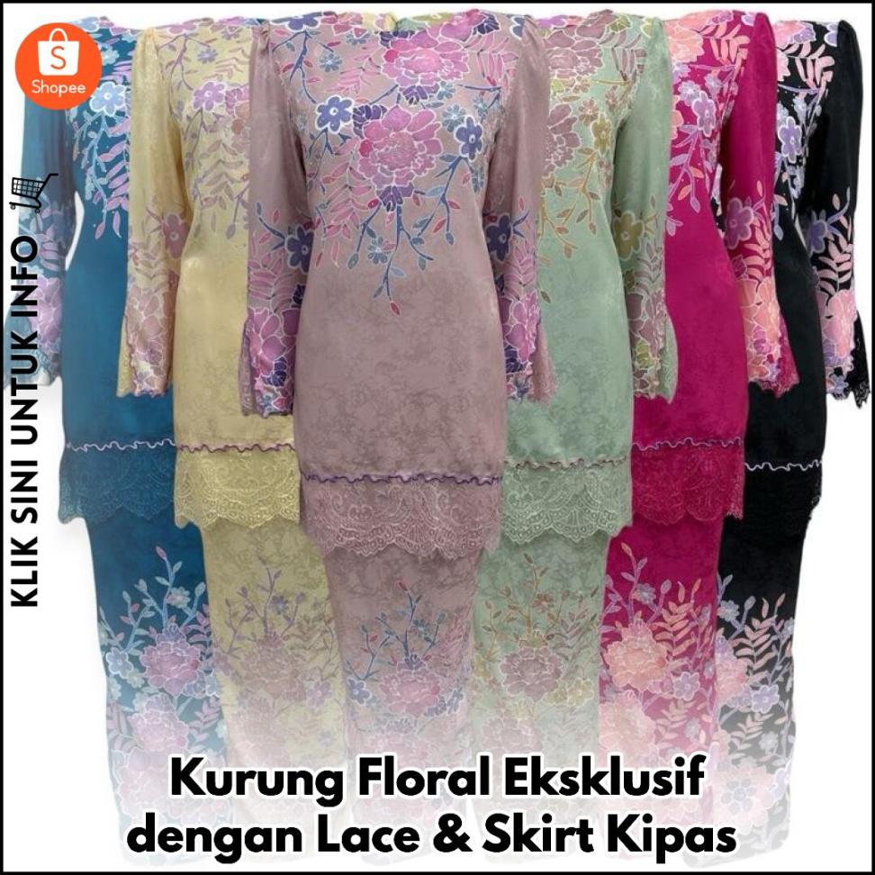 Kurung Floral Eksklusif dengan Lace & Skirt Kipas