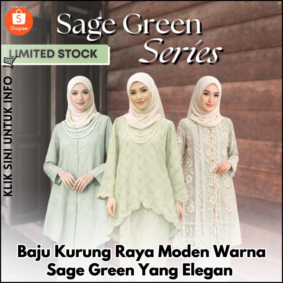 Baju Kurung Raya Moden Warna Sage Green Yang Elegan