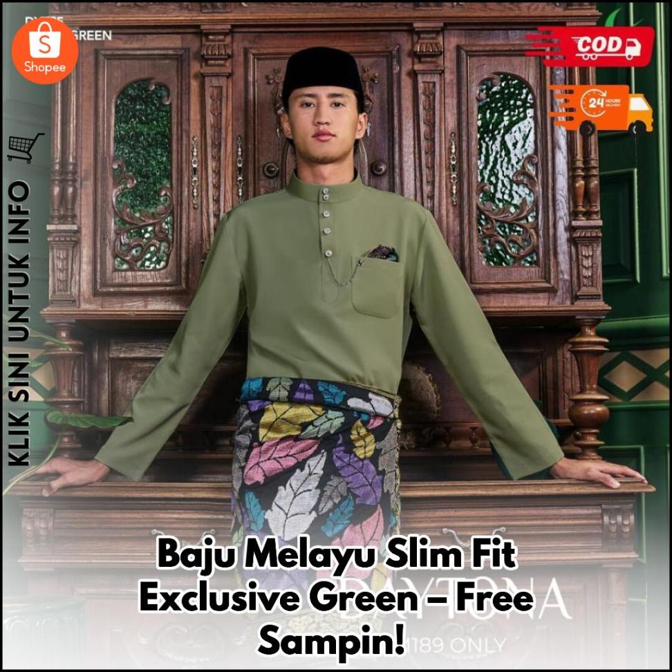 Baju Melayu Slim Fit Exclusive Green – Free Sampin!