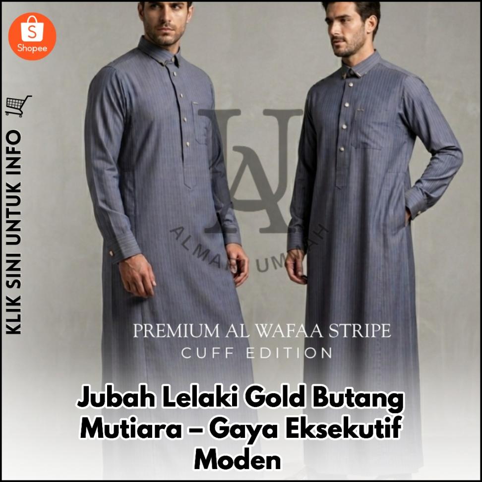 Jubah Lelaki Gold Butang Mutiara – Gaya Eksekutif Moden