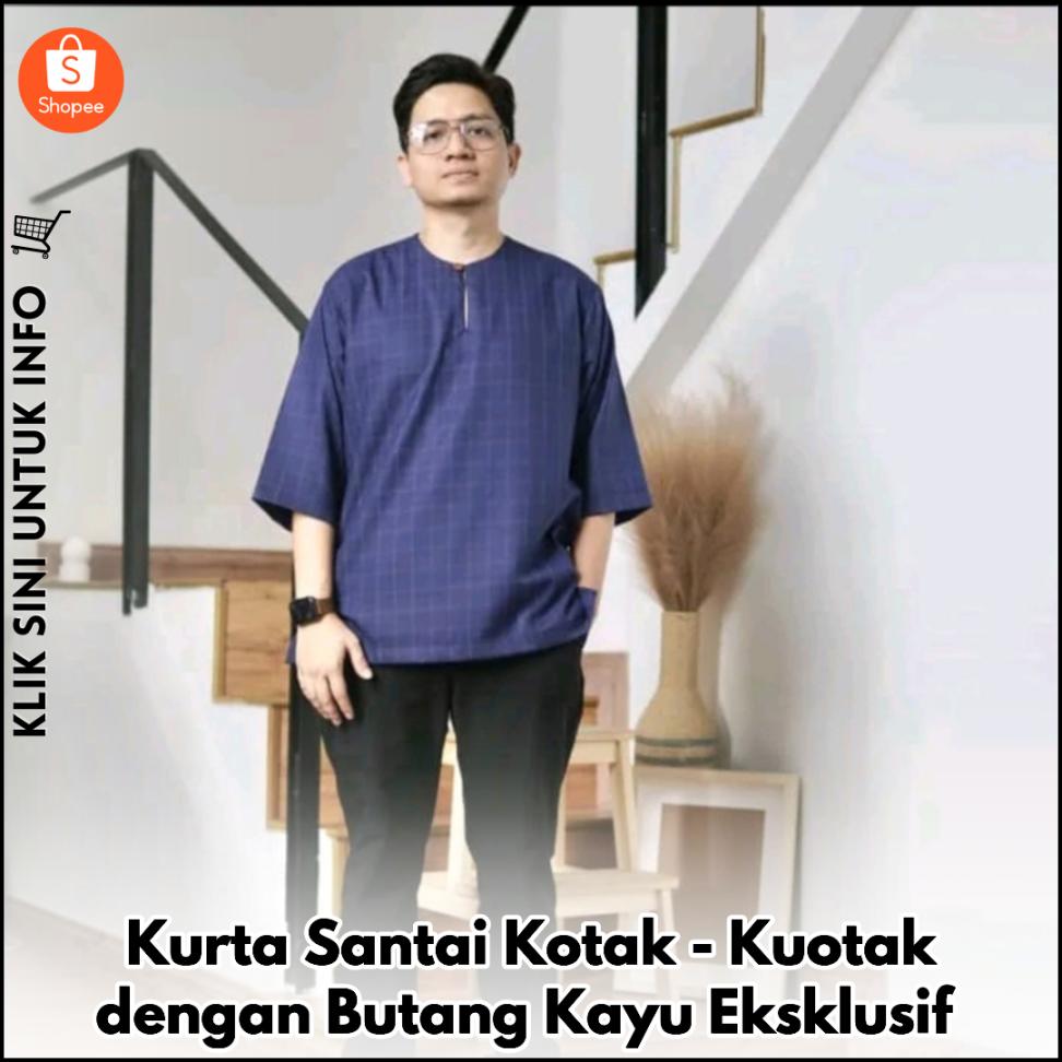 Kurta Santai Kotak-Kuotak dengan Butang Kayu Eksklusif