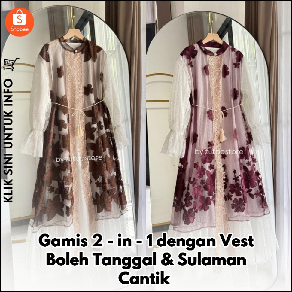 Gamis 2-in-1 dengan Vest Boleh Tanggal & Sulaman Cantik