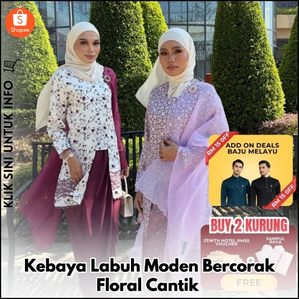 Kebaya Labuh Moden Bercorak Floral Cantik