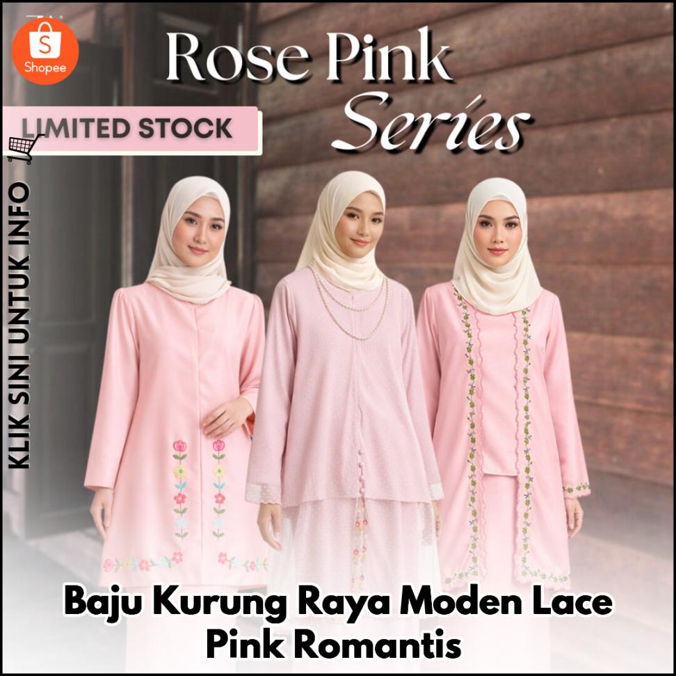 Baju Kurung Raya Moden Lace Pink Romantis