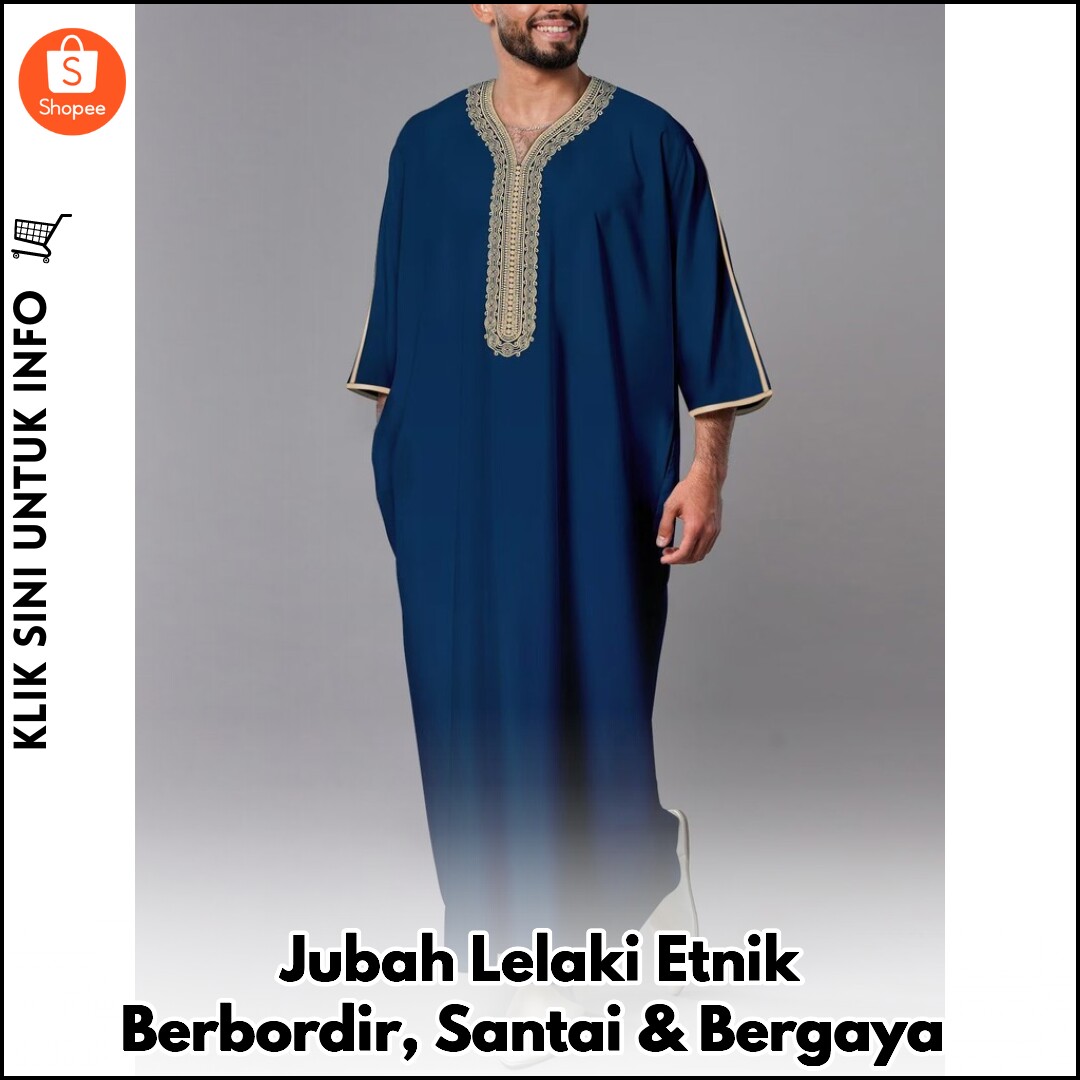 Jubah Lelaki Etnik Berbordir, Santai & Bergaya