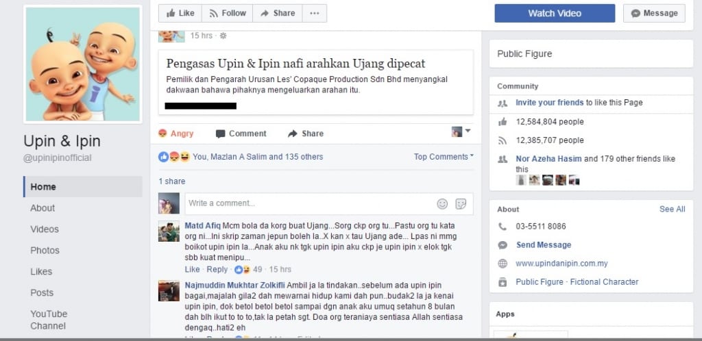 Selepas Ujang Dipecat, Netizen Serang Habis-habisan Fanpage Upin Ipin