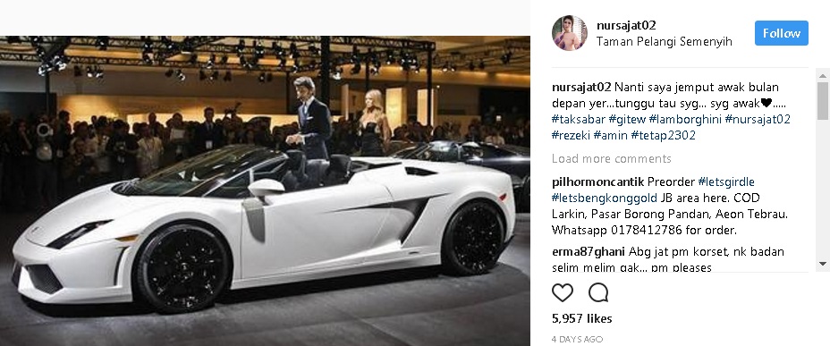 Nur Sajat Tayang Lamborghini Baru Di Laman Sosial?Amboi Mewahnya!!