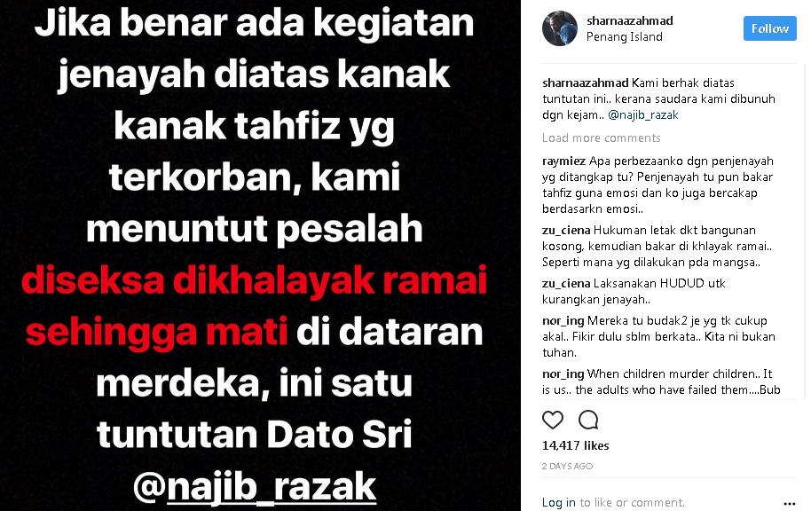 “Kami Menuntut Pesalah Diseksa Di Khalayak Ramai Sehingga Mati Di Dataran Merdeka”-Sharnaaz Ahmad