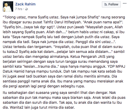 “Saya Nampak Syafiq Lalu Tadi Dengan Jubah Putih Dia Ustaz. Saya Nampak Dia Tadi” – Ibu Mangsa