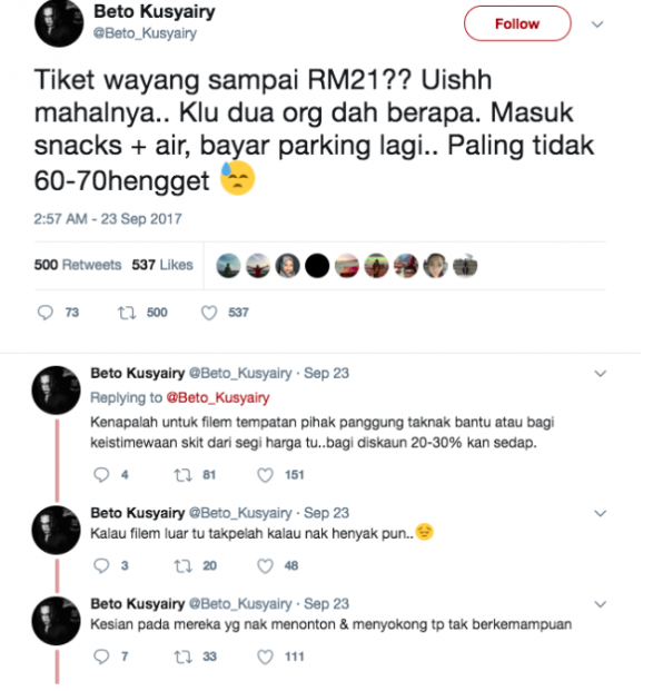 ‘Tindakan Awak Membunuh Kami’ – Beto Kusyairy Simpati Pada Netizen Bila Tiket Wayang Mahal