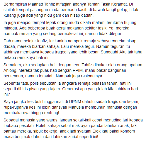 Boleh Jadi Keluarga Pesalah Jadi Mangsa – Tular Wajah Remaja ‘Bakar’ Maahad Tahfiz, Ini Pesanan Buat Semua Masyarakat