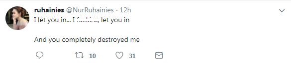 “I Let You In And You Destroyed Me..” -Kerap Luah Kekecewaan Di Twitter, Ruhainies Putus Cinta??