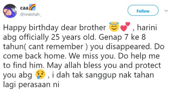 Selamat Ulang Tahun – 7 Tahun Abang Menghilang, Luahan Adik Ini Buat Netizen Sebak