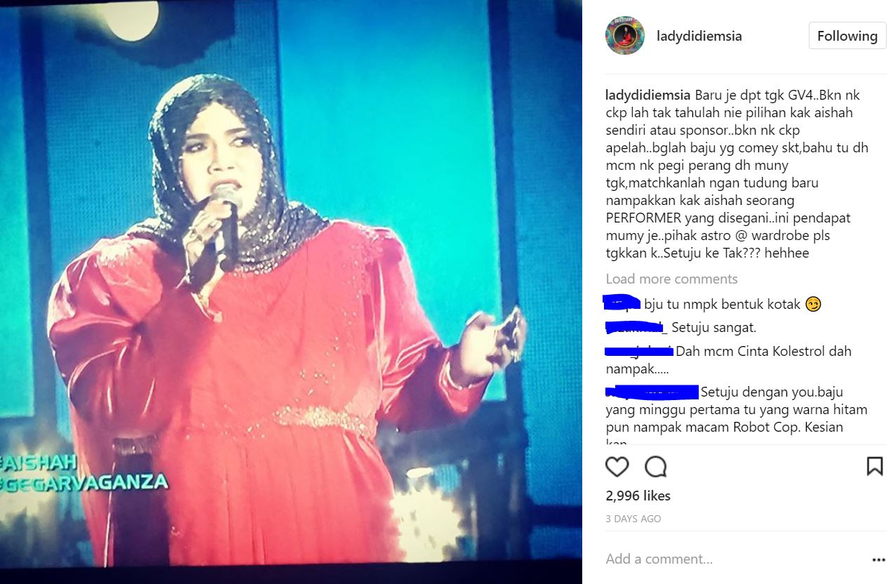 “Bahu Tu Dah Macam Nak Pergi Perang Dah Mumy Tengok..”- Didie Alias Komen Baju Penyanyi Lagenda Aisyah Di Gegar Vaganza 4!