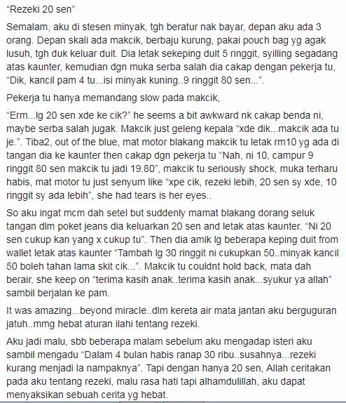 “Dik, Kancil Pam 4 Tu Isi Minyak Kuning 9 Ringgit 80 Sen” – Kisah Rezeki 20 Sen Ini Buat Netizen Sebak!