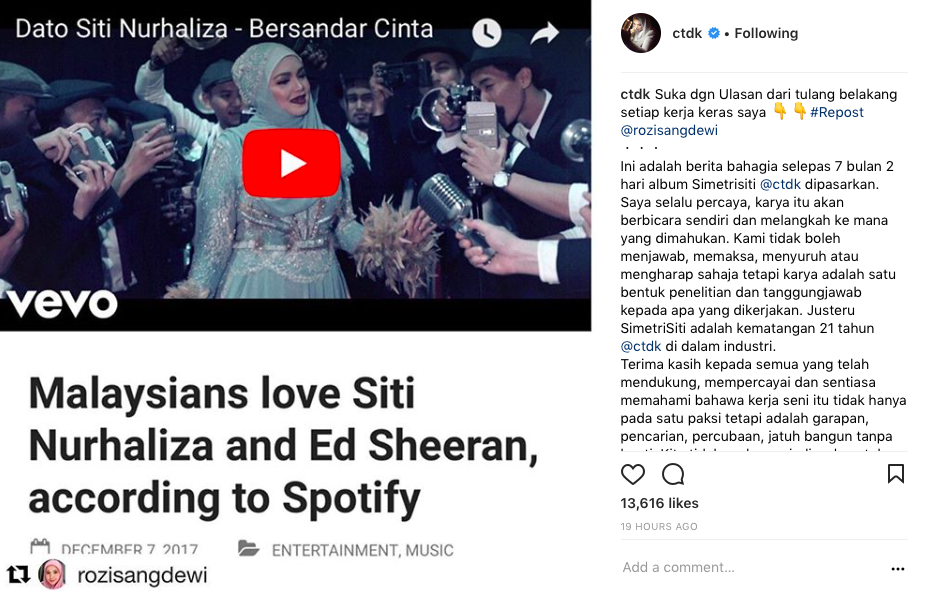 Terima Kasih Semua – Setanding Dengan Ed Sheeran, Siti Nurhaliza Luah Rasa Terharu