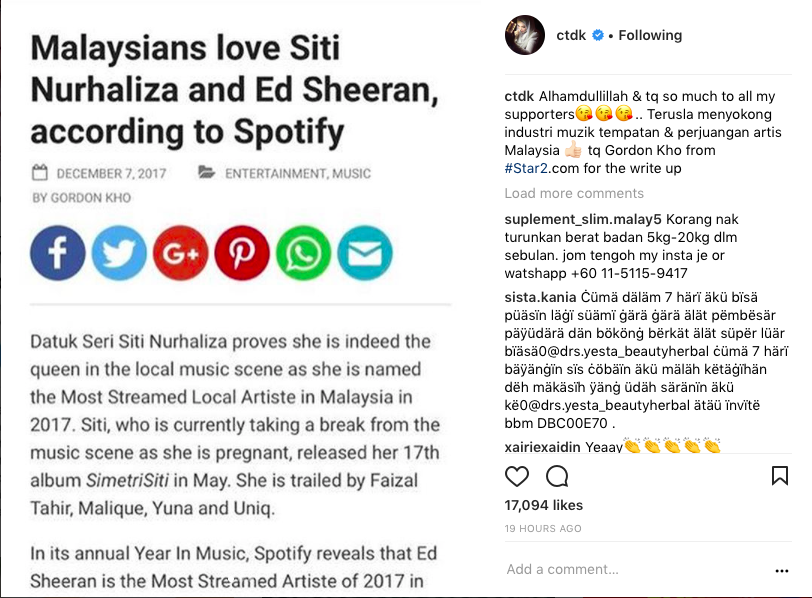 Terima Kasih Semua – Setanding Dengan Ed Sheeran, Siti Nurhaliza Luah Rasa Terharu