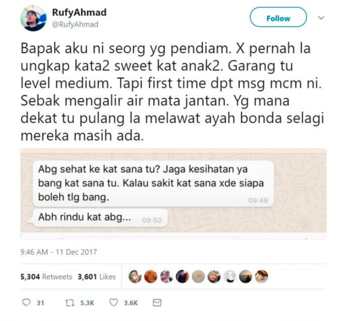 ‘Abah Rindu Abang, First Time Dapat Mesej Macam Ni, Mengalir Air Mata Jantan’