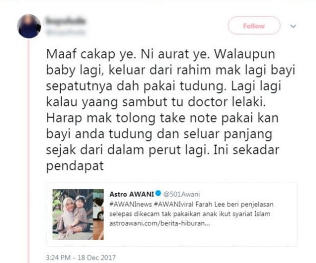 Isu Anak Farah Lee Tak Tutup Aurat, Tweet ‘Sarkastik’ Wanita Ini Buat Netizen Terhibur