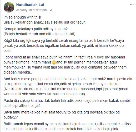 “Kenapa Kakak Putih, Adik Hitam?” -Wanita Kecewa Masyarakat Pandang Warna Kulit, Jadikan Kanak-Kanak Tak Yakin