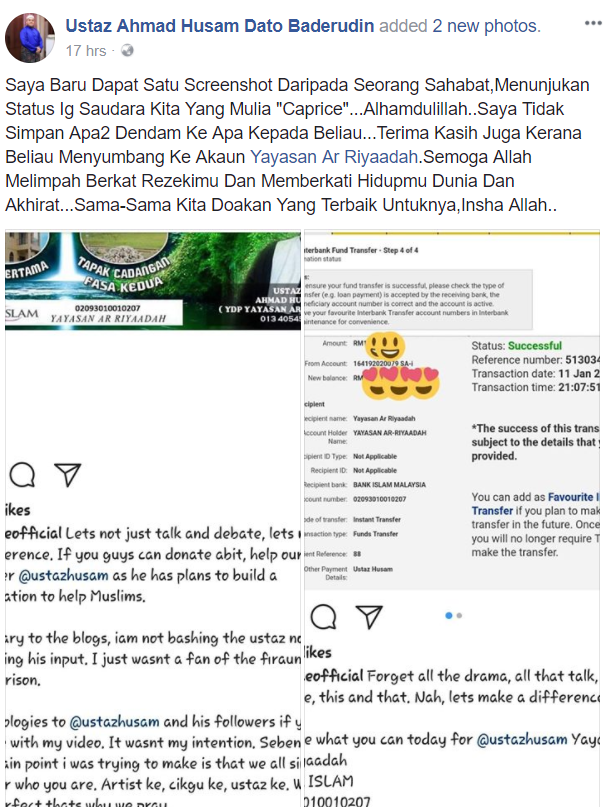 Wow! Caprice Derma Wang Pada Yayasan Milik Ustaz Ahmad Husam Dan Salah Faham Terlerai