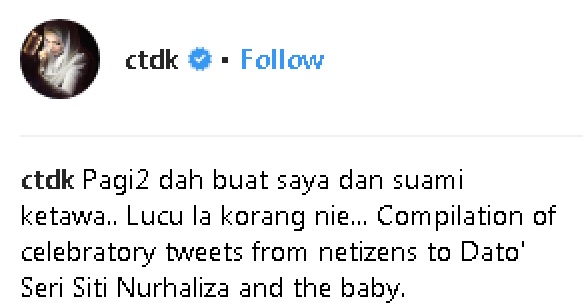 “Pagi2 Dah Buat Saya Dan Suami Ketawa,Luculah Korang Nie”-Ds Siti Terhibur Baca Tweet Yang Ditulis Netizen Buat Dirinya Dan Anak