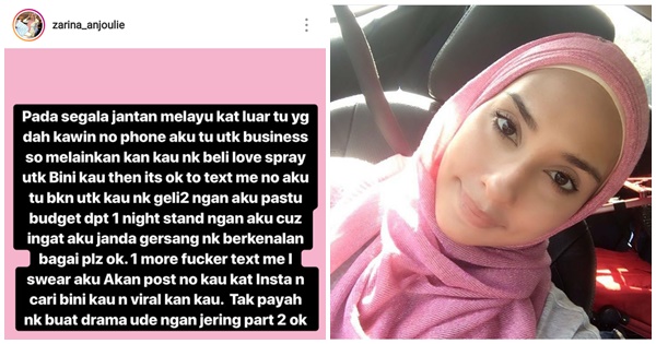 “1 More F*u*ker Text Me I Swear Akan Post No Kau Kat Insta!”- Zarina Anjoulie Bagi Amaran Dekat Suami Orang?