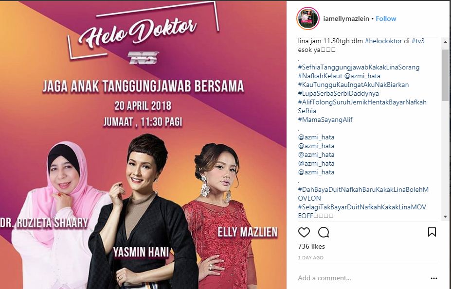 “Selagi Tak Bayar Nafkah Kak Lina Move Off!” – Hashtag Kapsyen Instagram Elly Mazlein Sindir Bekas Suami?