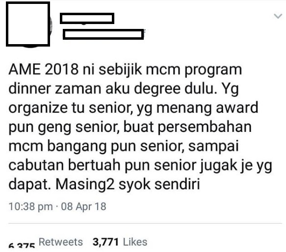 “AME 2018 Sama Mcm Program Dinner Degree Aku Dulu,Yg Organize Tu Senior,Yg Menang Award Pun Senior”-Komen Lelaki Ini Sangat Win Dan Terima Ramai Respond Netizen