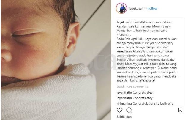 Tahniah! Faye Kusairi Selamat Lahirkan Bayi Lelaki Pada Anniversary Perkahwinan Yang Pertama!