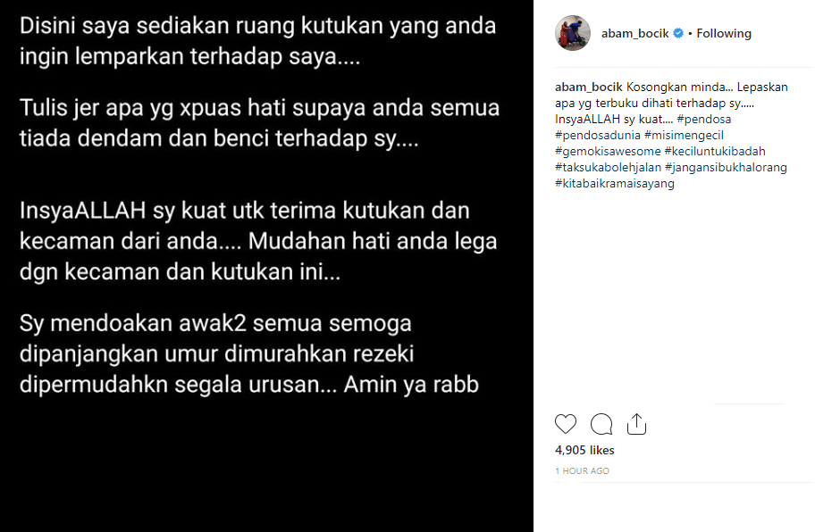 Abam Bocey Buka Ruang Untuk Kutuk Dirinya, Netizen Nasihatkan Jangan Layan Haters