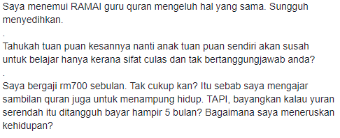 Masalah Bayar Yuran Mengaji, Berhenti Jadikan Guru Quran Seperti Pengemis!