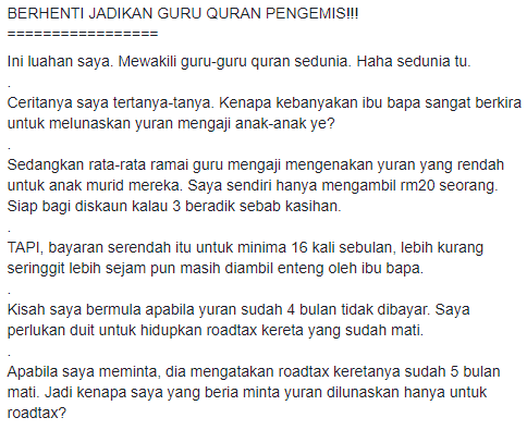 Masalah Bayar Yuran Mengaji, Berhenti Jadikan Guru Quran Seperti Pengemis!