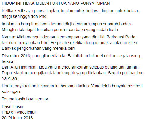 “Kalau Tidak Buat Untuk Diri Sendiri, Buatlah Untuk Anak-Anak” – Bapa Lumpuh Berjaya Genggam PhD