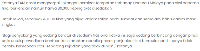 FAM Umum Tiket Final 1 Piala Suzuki AFF 2018 Telah Habis Dijual 5