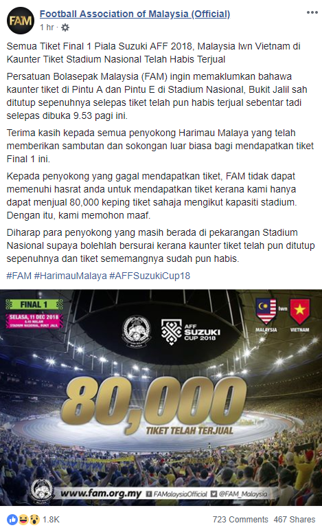 FAM Umum Tiket Final 1 Piala Suzuki AFF 2018 Telah Habis Dijual 2