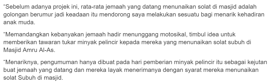 Berkat Subuh Di Masjid, 35 Biji Motor Dihadiahkan Minyak Hitam Percuma